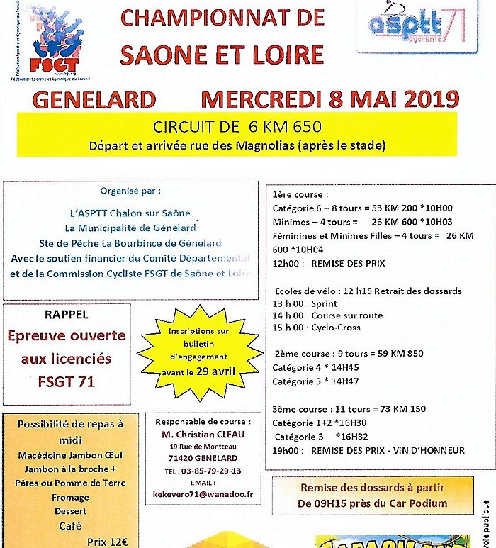 ASPTT Chalon Championnat Saone-et-Loire FSGT cyclisme course race tract parcours engagement Genelard Montceau-news.com 050519