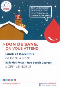 Don du sang à Ciry-le-Noble : collecte ce lundi 23 décembre 2019